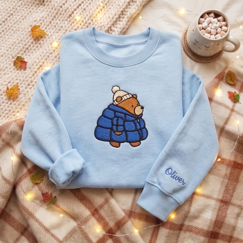 Personalized Cozy Bear Puffer Jacket Winter Beanie embroidered sweatshirt — front view