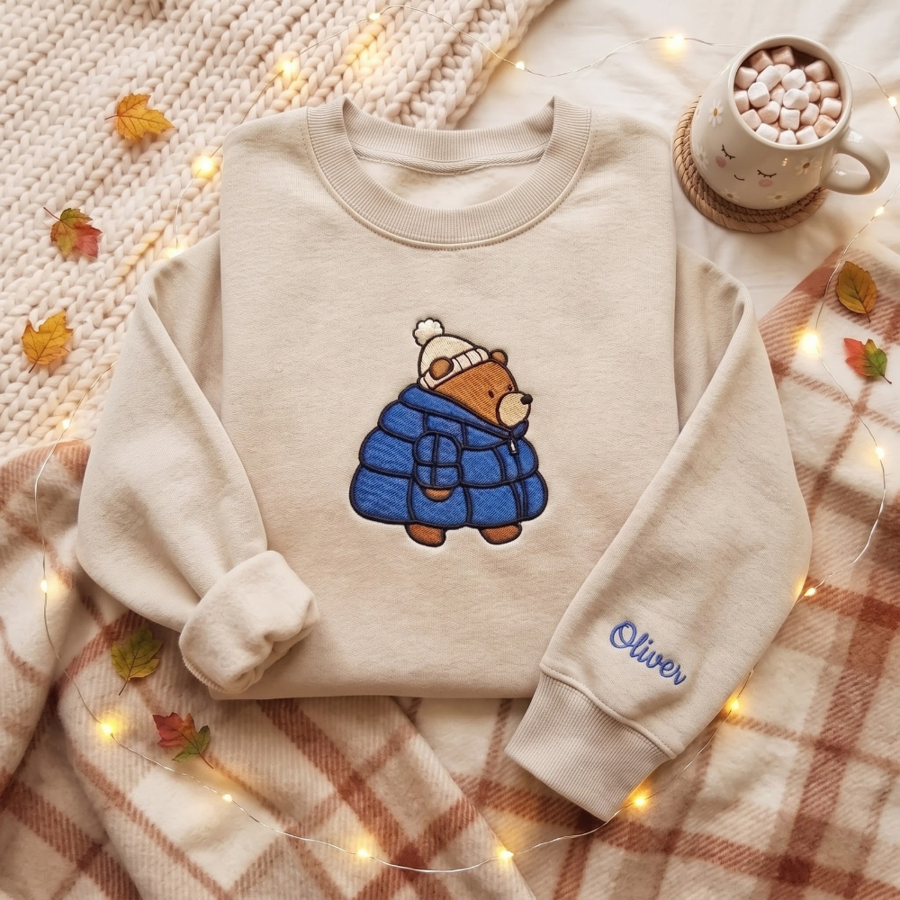 Personalized Cozy Bear Puffer Jacket Winter Beanie embroidered sweatshirt — front view