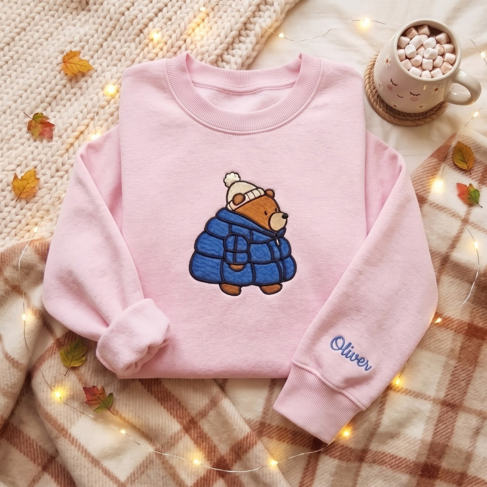 Personalized Cozy Bear Puffer Jacket Winter Beanie embroidered sweatshirt — front view