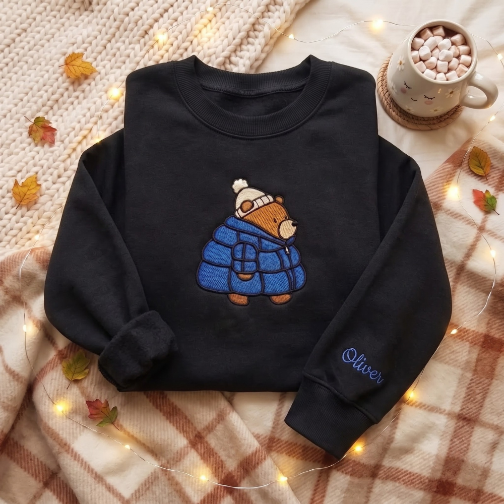 Personalized Cozy Bear Puffer Jacket Winter Beanie embroidered sweatshirt — front view