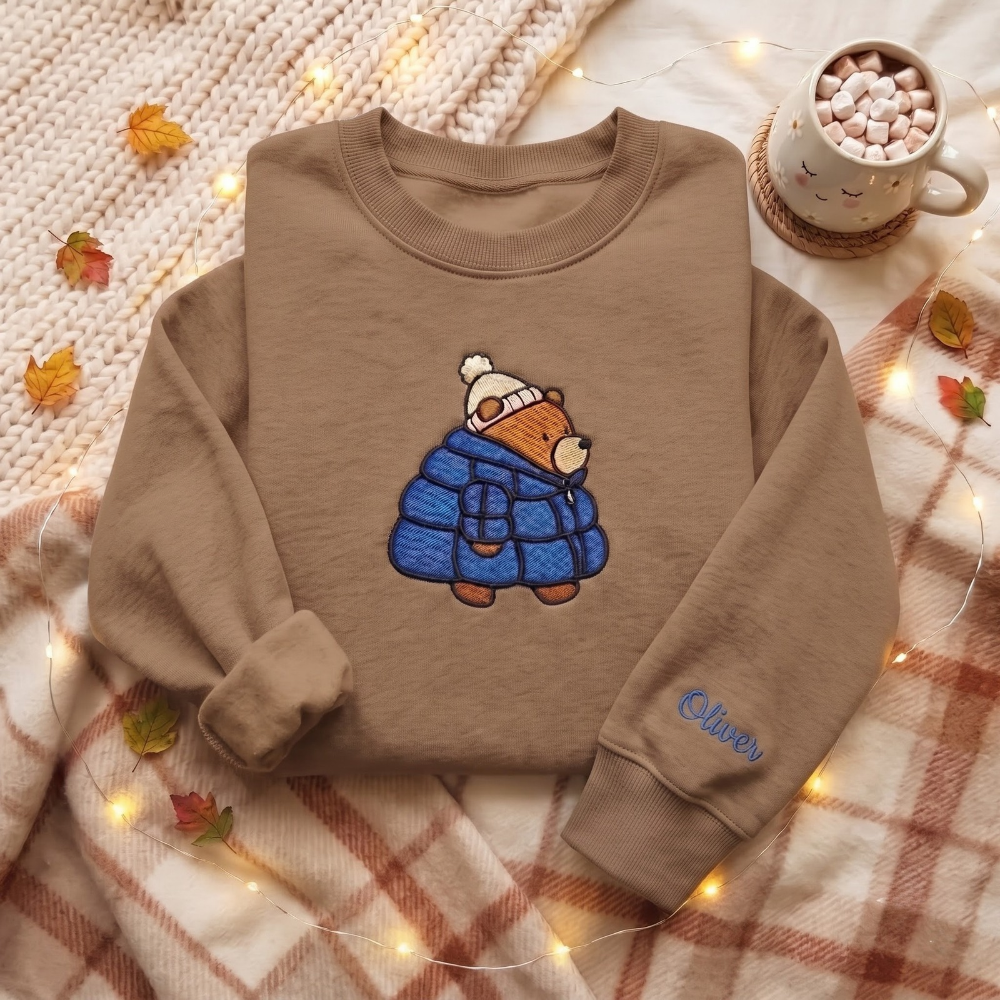 Personalized Cozy Bear Puffer Jacket Winter Beanie embroidered sweatshirt — front view