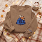Personalized Cozy Bear Puffer Jacket Winter Beanie embroidered sweatshirt — front view