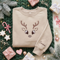 Personalized Cute Reindeer Face Antlers Big Eyes Minimalist Christmas embroidered sweatshirt — front view