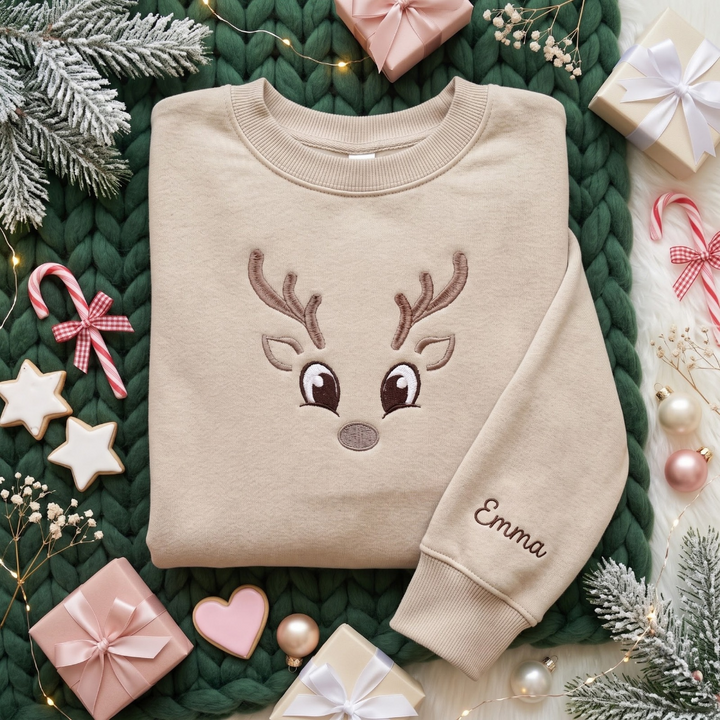 Personalized Cute Reindeer Face Antlers Big Eyes Minimalist Christmas embroidered sweatshirt — front view