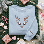 Personalized Cute Reindeer Face Antlers Big Eyes Minimalist Christmas embroidered sweatshirt — front view