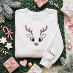 Personalized Cute Reindeer Face Antlers Big Eyes Minimalist Christmas embroidered sweatshirt — front view