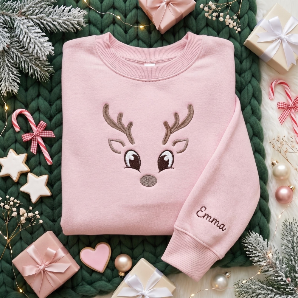 Personalized Cute Reindeer Face Antlers Big Eyes Minimalist Christmas embroidered sweatshirt — front view