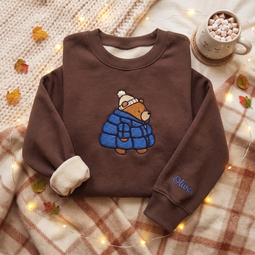 Personalized Cozy Bear Puffer Jacket Winter Beanie embroidered sweatshirt — front view