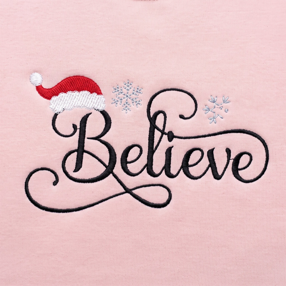 Personalized Believe Script Santa Hat Snowflakes Christmas embroidered sweatshirt — front view