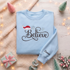 Personalized Believe Script Santa Hat Snowflakes Christmas embroidered sweatshirt — front view