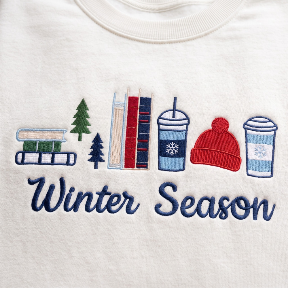 Personalized Winter Season Books Pine Trees Coffee Cups Beanie embroidered sweatshirt — front view - image 2