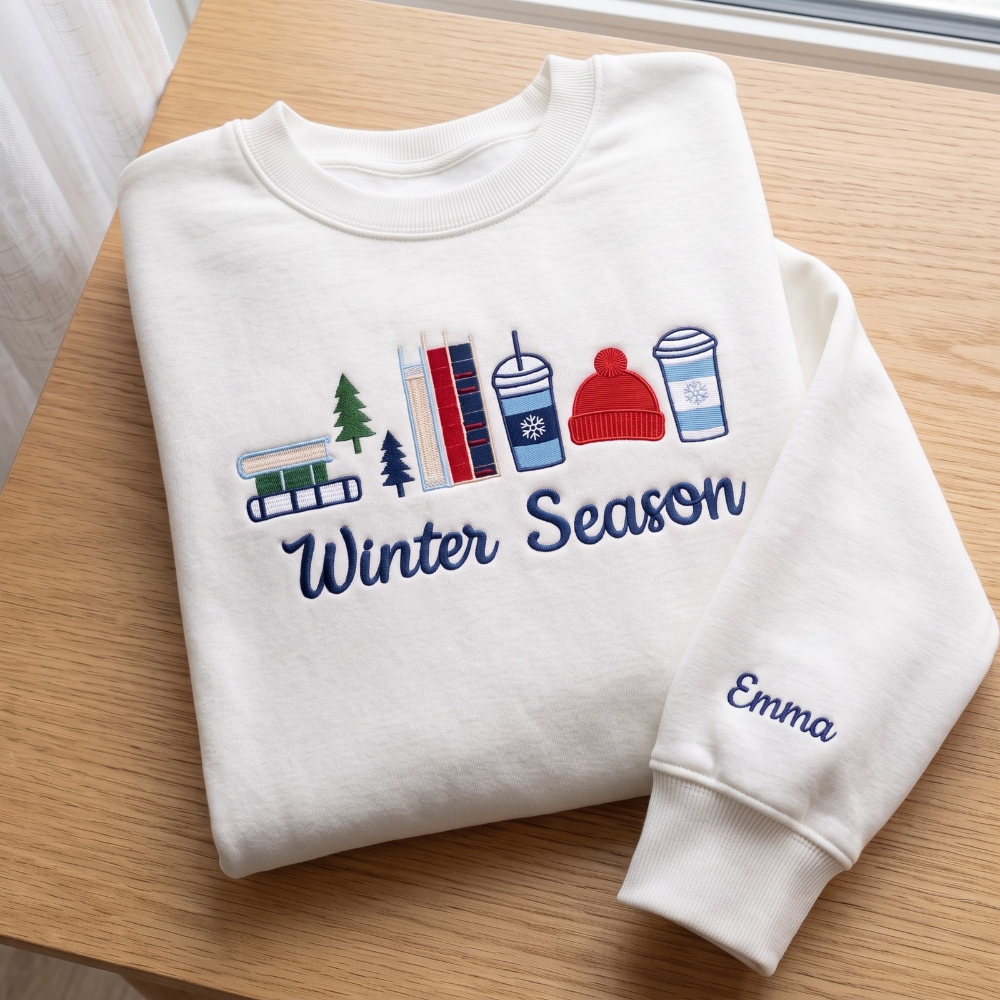Personalized Winter Season Books Pine Trees Coffee Cups Beanie embroidered sweatshirt — front view