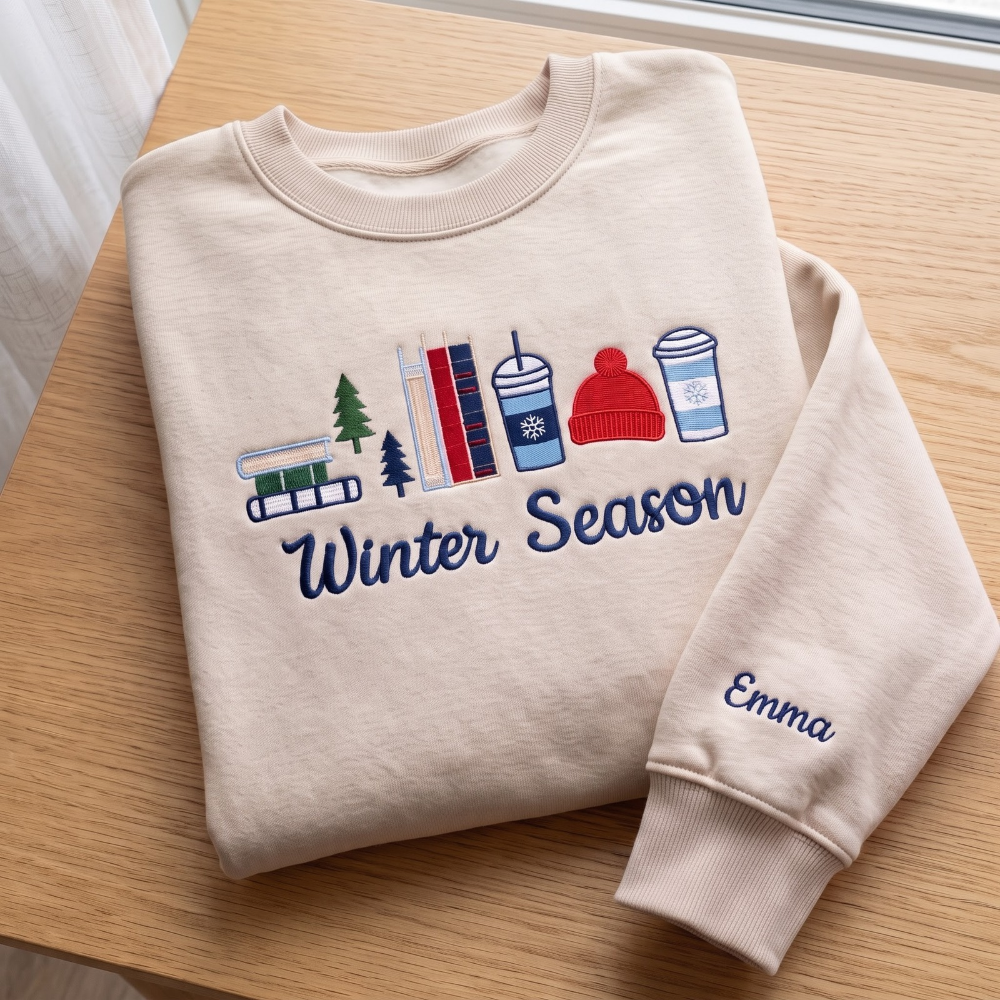 Personalized Winter Season Books Pine Trees Coffee Cups Beanie embroidered sweatshirt — front view - image 3