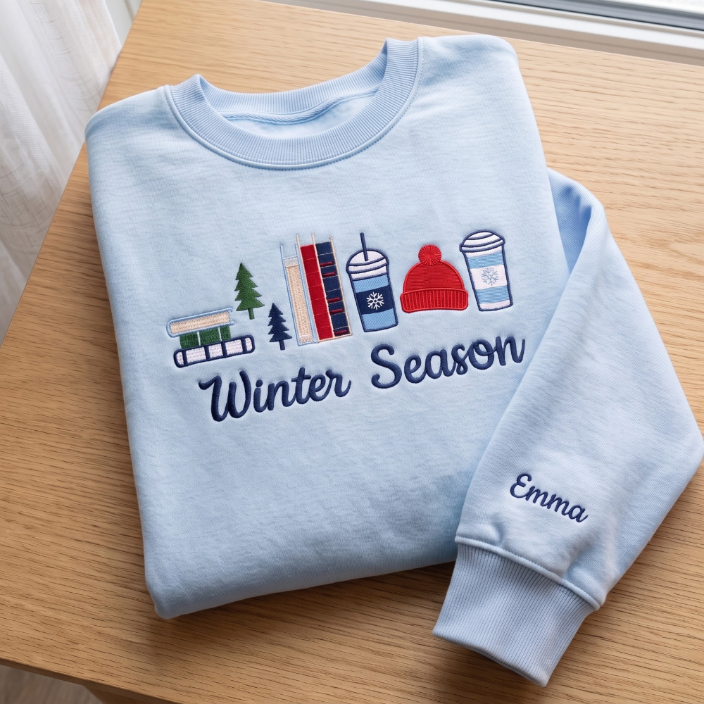 Personalized Winter Season Books Pine Trees Coffee Cups Beanie embroidered sweatshirt — front view - image 4