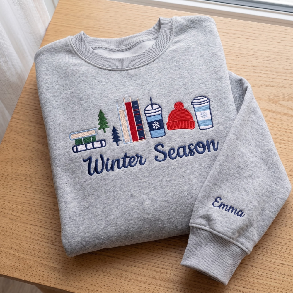 Personalized Winter Season Books Pine Trees Coffee Cups Beanie embroidered sweatshirt — front view - image 6