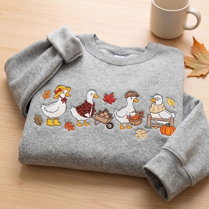 Fall Geese Rain Boots Plaid Shirt Wheelbarrow Acorns Pumpkin Patch Embroidered Sweatshirt