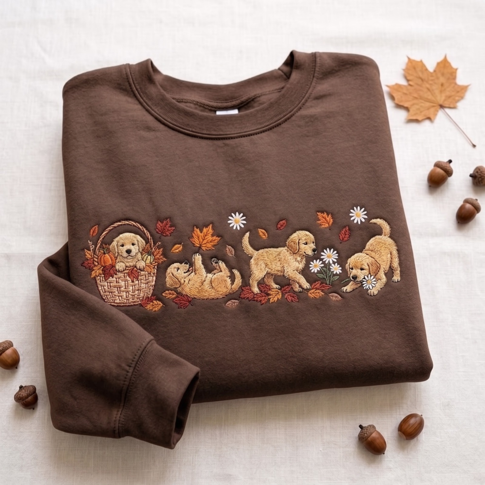 Golden Retriever Puppies Fall Leaves Pumpkin Basket Daisies embroidered sweatshirt — front view - image 3