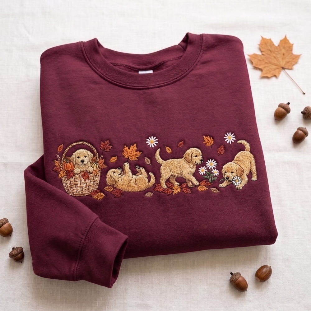 Golden Retriever Puppies Fall Leaves Pumpkin Basket Daisies embroidered sweatshirt — front view - image 4