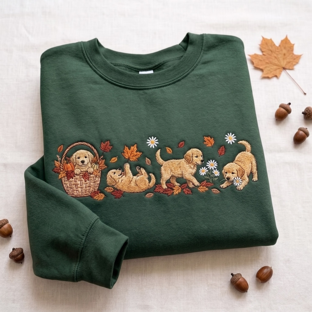 Golden Retriever Puppies Fall Leaves Pumpkin Basket Daisies embroidered sweatshirt — front view - image 5