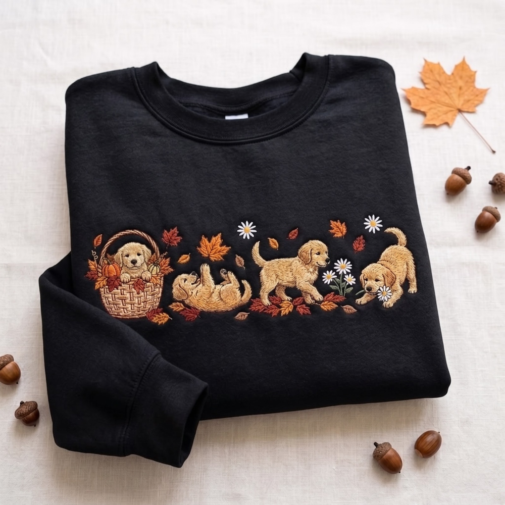 Golden Retriever Puppies Fall Leaves Pumpkin Basket Daisies embroidered sweatshirt — front view - image 6