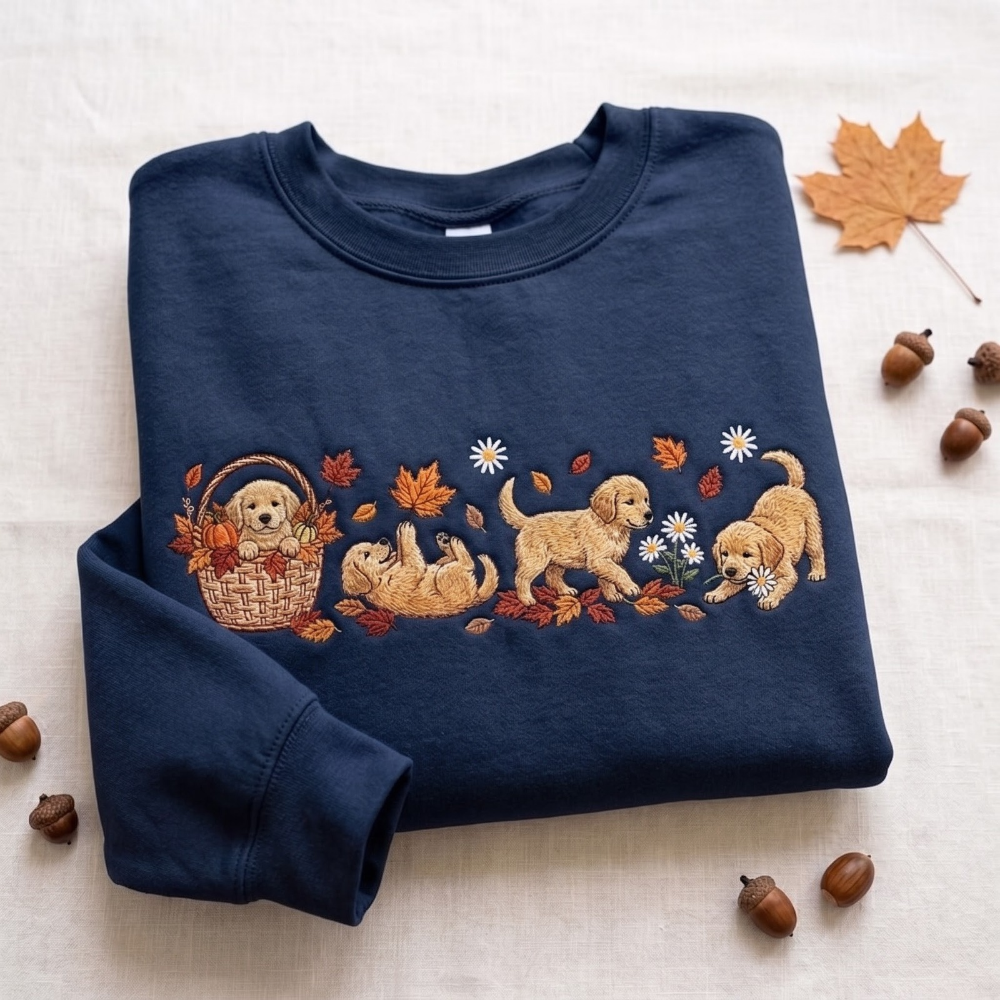 Golden Retriever Puppies Fall Leaves Pumpkin Basket Daisies embroidered sweatshirt — front view - image 7