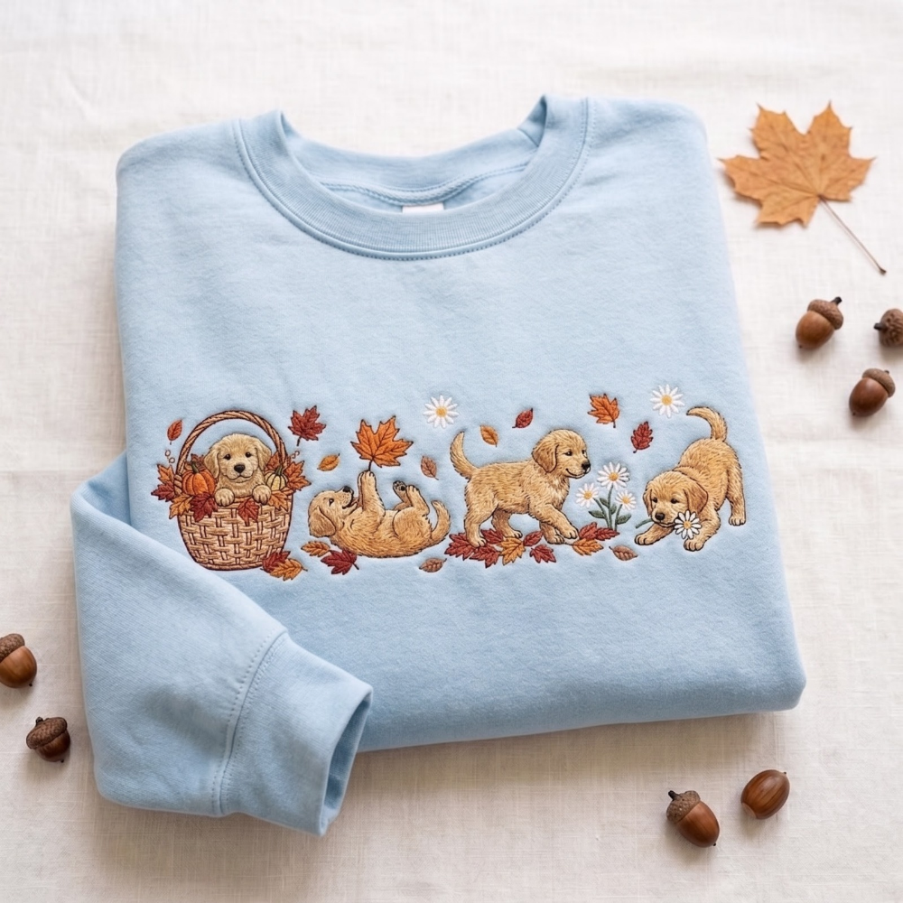Golden Retriever Puppies Fall Leaves Pumpkin Basket Daisies embroidered sweatshirt — front view - image 8