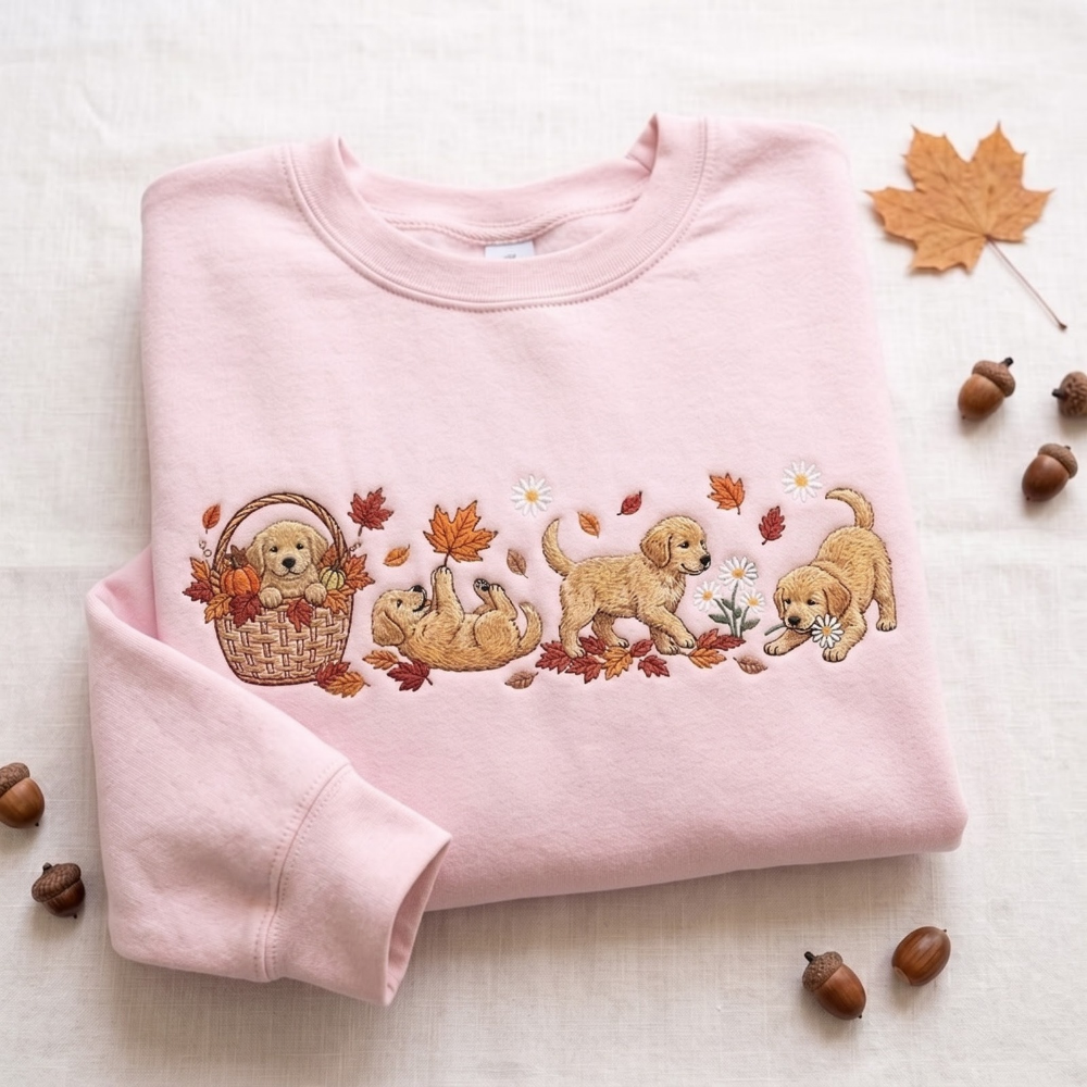 Golden Retriever Puppies Fall Leaves Pumpkin Basket Daisies embroidered sweatshirt — front view - image 9