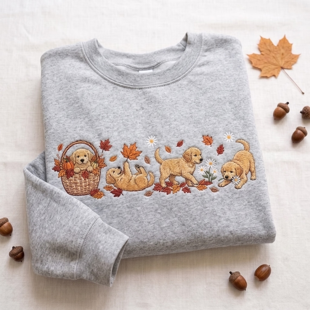 Golden Retriever Puppies Fall Leaves Pumpkin Basket Daisies embroidered sweatshirt — front view - image 10