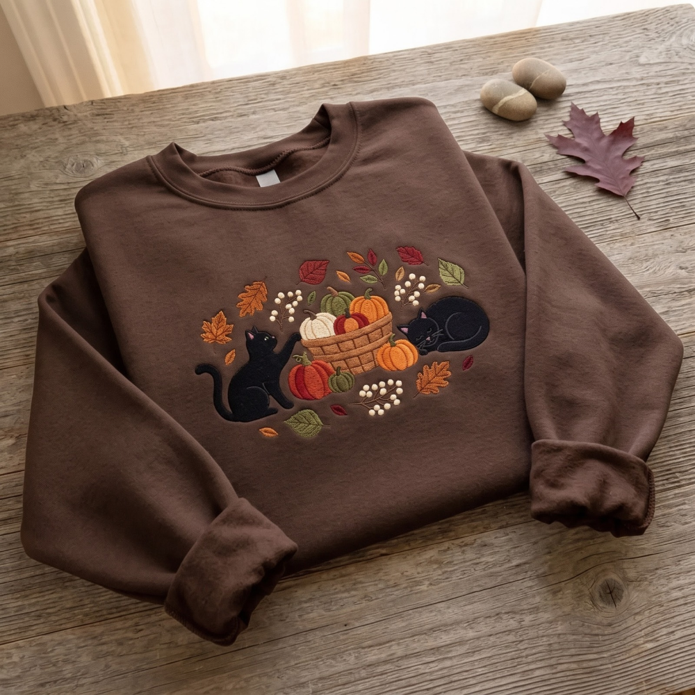 Black Cats Pumpkin Harvest Basket embroidered sweatshirt — front view