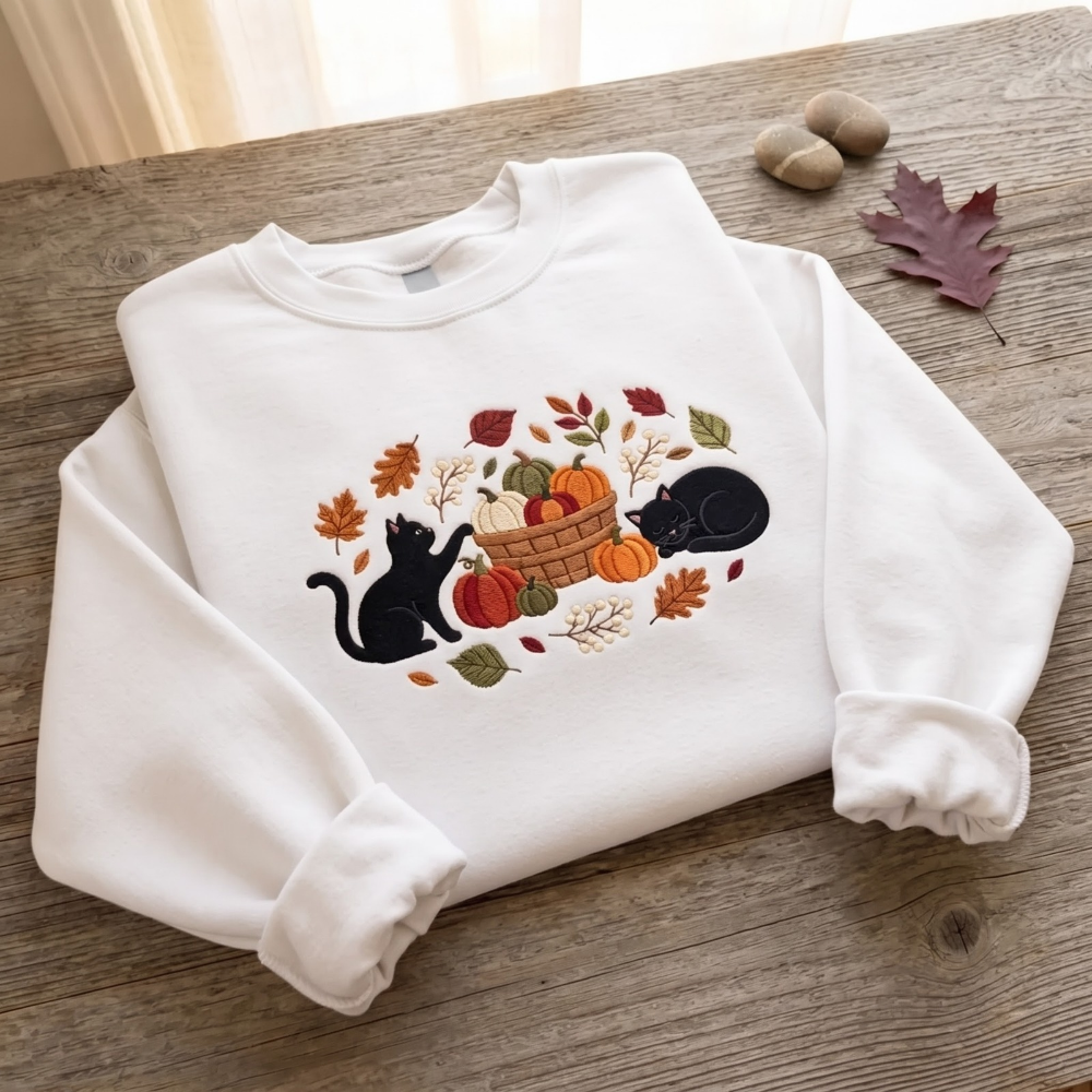 Black Cats Pumpkin Harvest Basket embroidered sweatshirt — front view - image 2