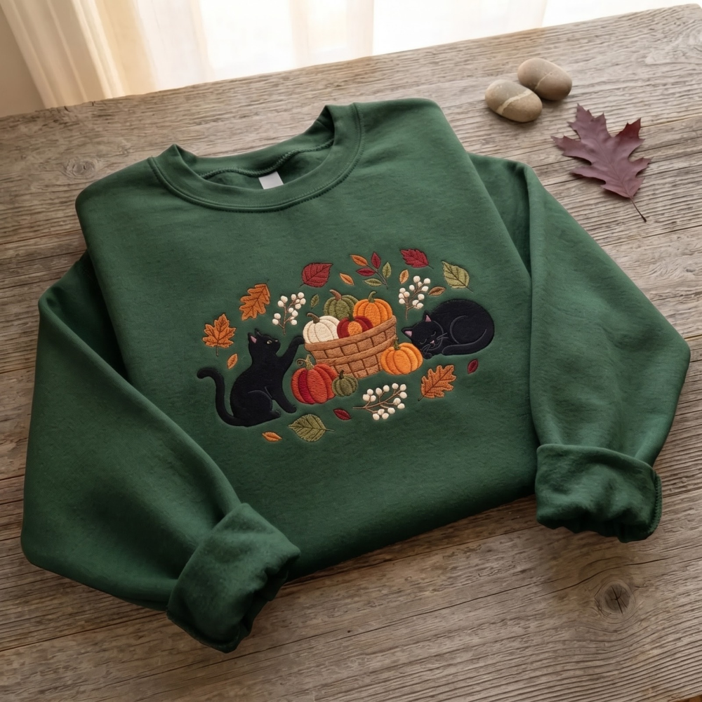 Black Cats Pumpkin Harvest Basket embroidered sweatshirt — front view - image 6