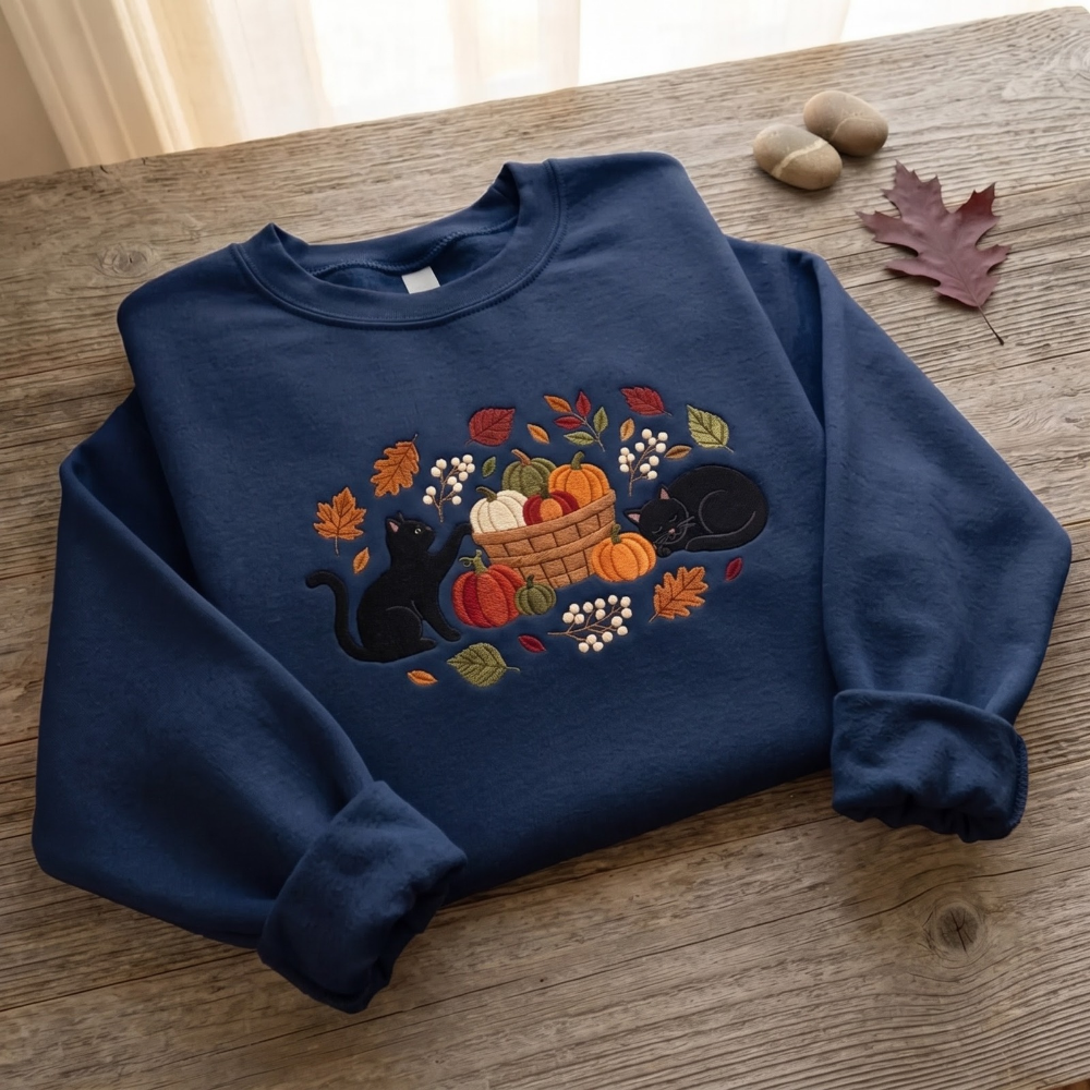 Black Cats Pumpkin Harvest Basket embroidered sweatshirt — front view - image 3