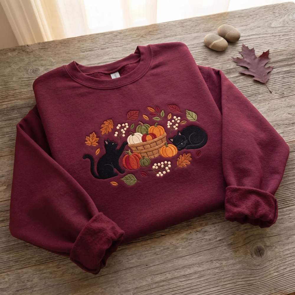 Black Cats Pumpkin Harvest Basket embroidered sweatshirt — front view - image 8