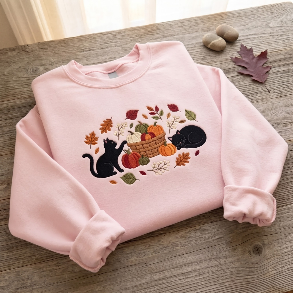 Black Cats Pumpkin Harvest Basket embroidered sweatshirt — front view - image 7