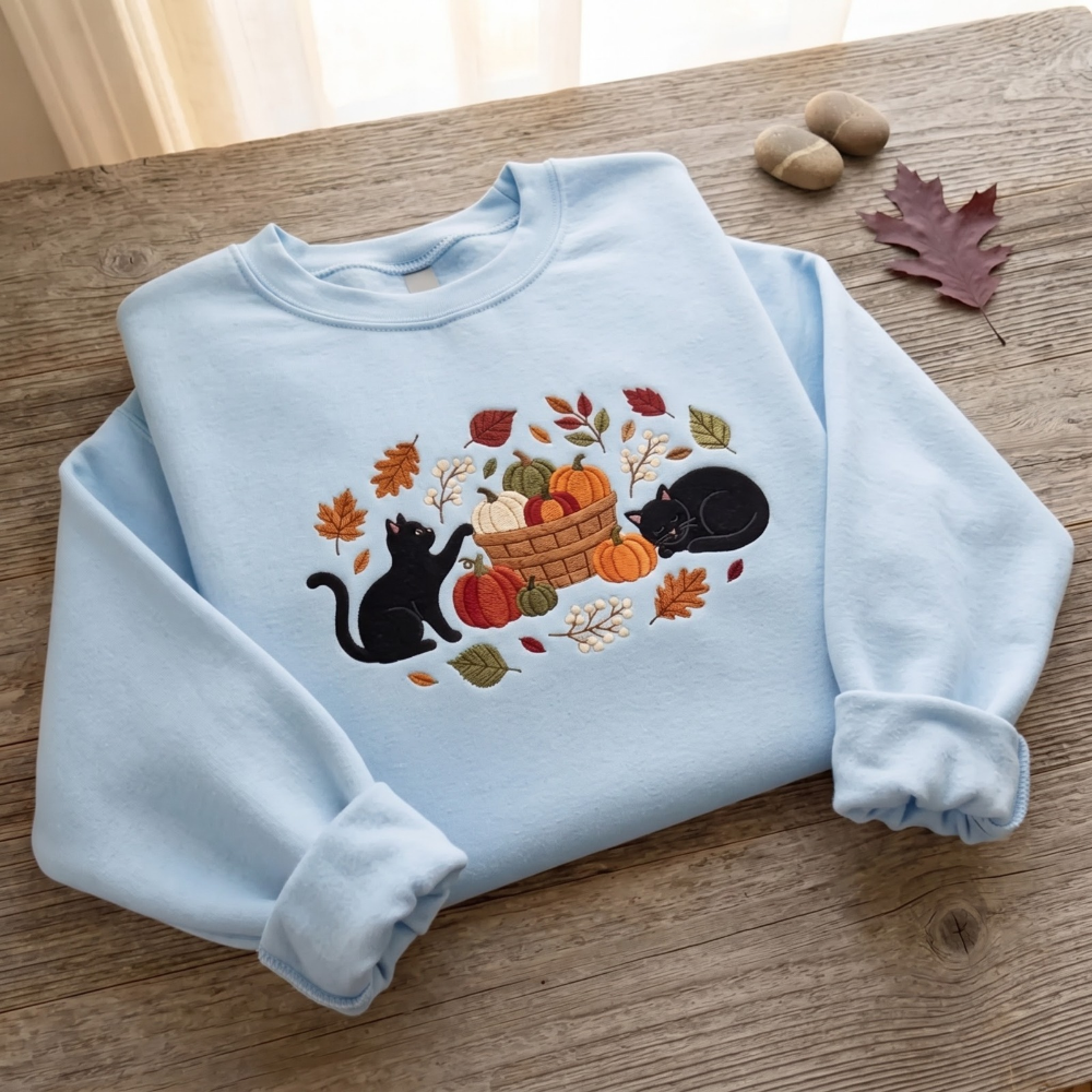 Black Cats Pumpkin Harvest Basket embroidered sweatshirt — front view - image 9