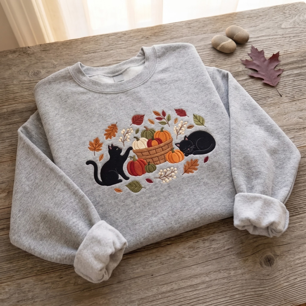 Black Cats Pumpkin Harvest Basket embroidered sweatshirt — front view - image 4