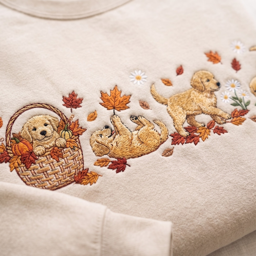 Golden Retriever Puppies Fall Leaves Pumpkin Basket Daisies embroidered sweatshirt — front view - image 2