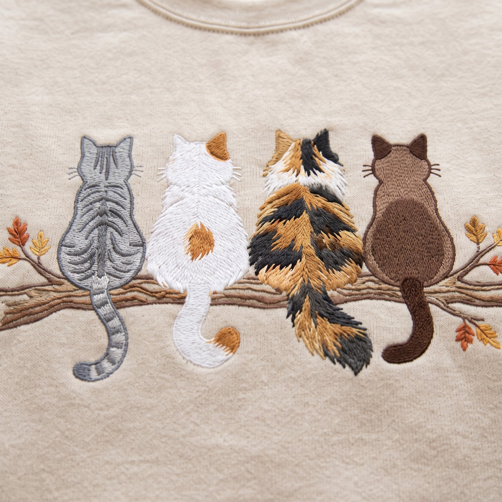 Four Cats Sitting On Branch Back View Tabby Calico Siamese Autumn Leaves embroidered sweatshirt — front view - image 2