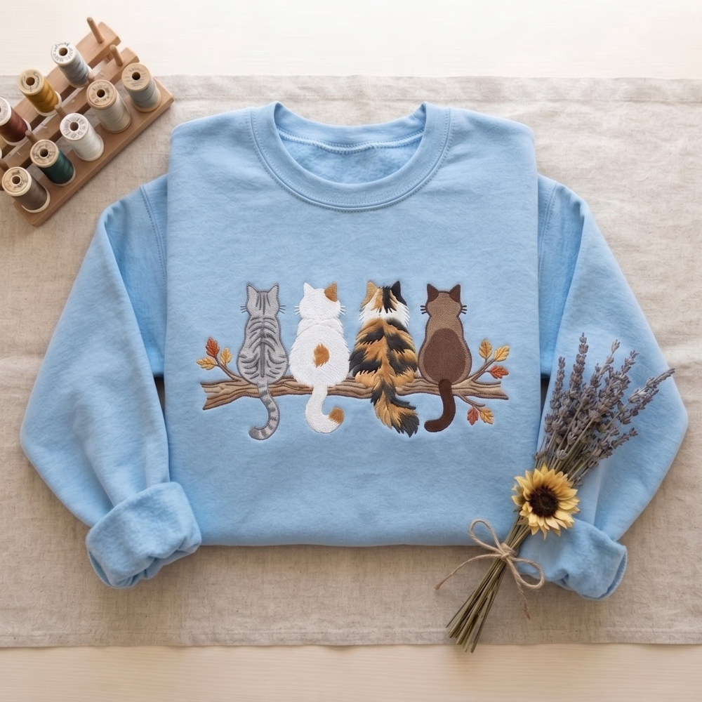 Four Cats Sitting On Branch Back View Tabby Calico Siamese Autumn Leaves embroidered sweatshirt — front view - image 8