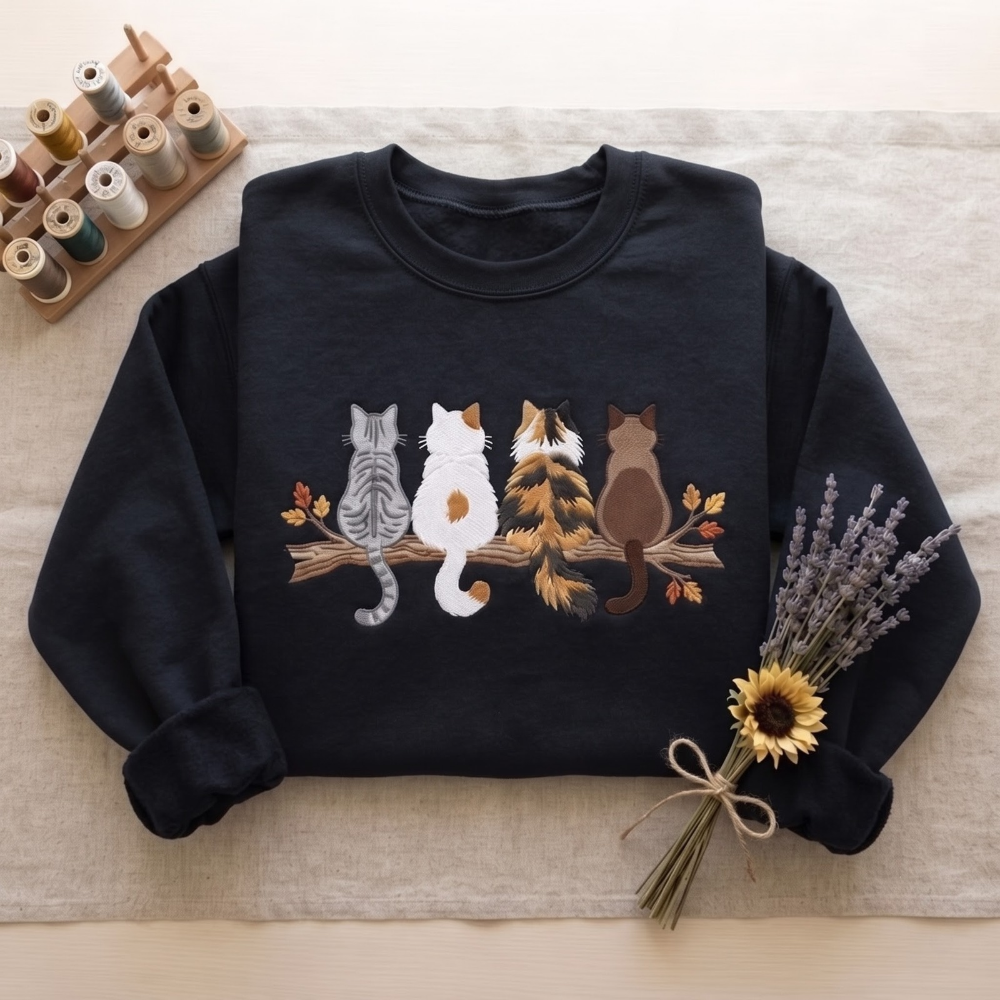 Four Cats Sitting On Branch Back View Tabby Calico Siamese Autumn Leaves embroidered sweatshirt — front view - image 5