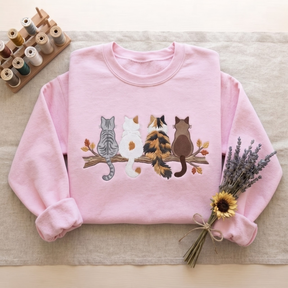 Four Cats Sitting On Branch Back View Tabby Calico Siamese Autumn Leaves embroidered sweatshirt — front view - image 7
