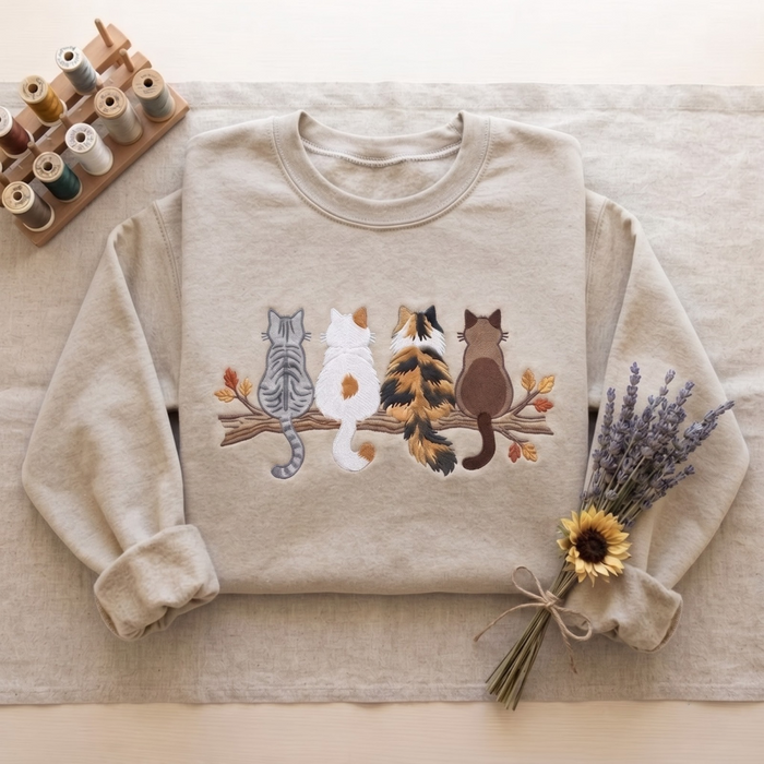 Four Cats Sitting On Branch Back View Tabby Calico Siamese Autumn Leaves Embroidered Sweatshirt