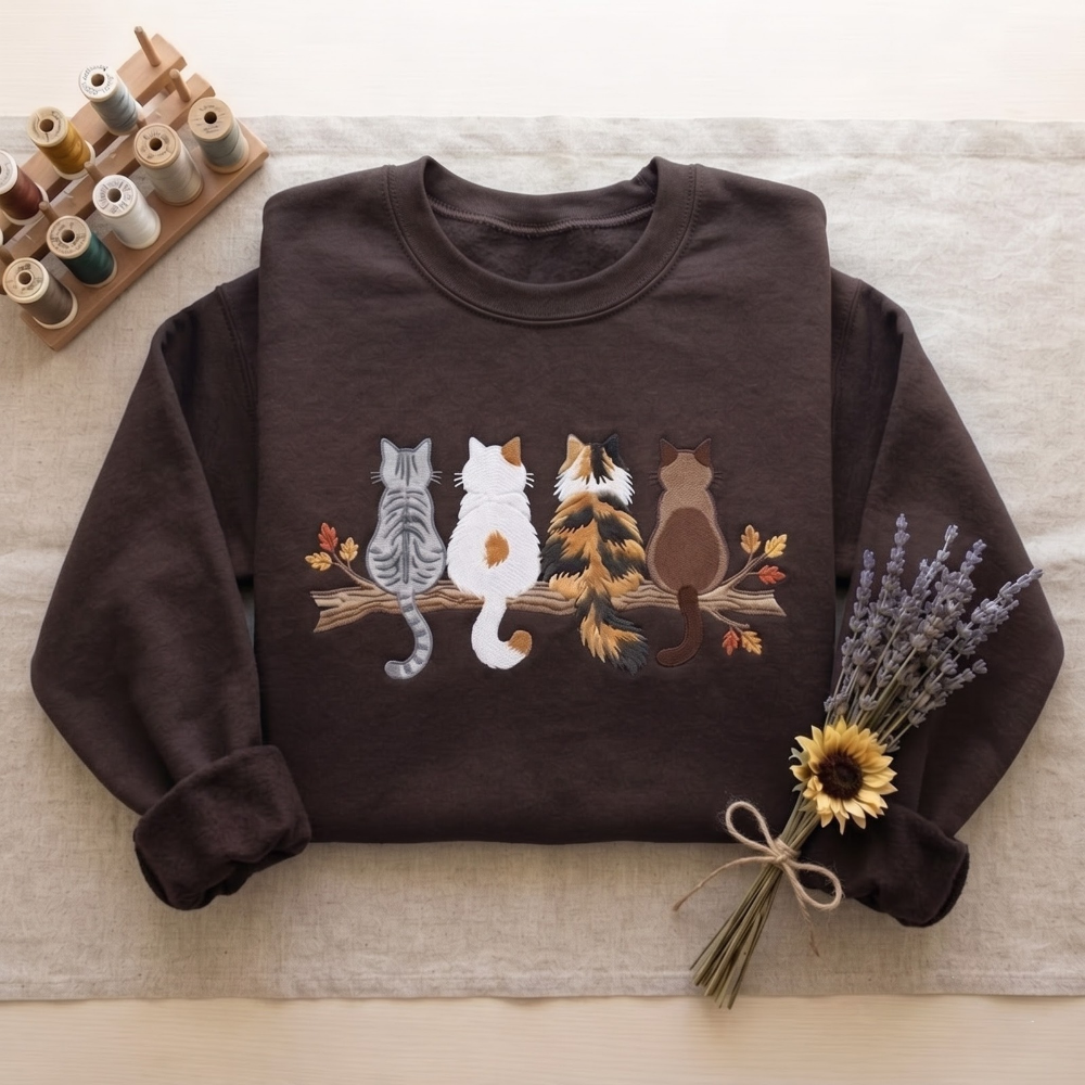Four Cats Sitting On Branch Back View Tabby Calico Siamese Autumn Leaves embroidered sweatshirt — front view - image 3
