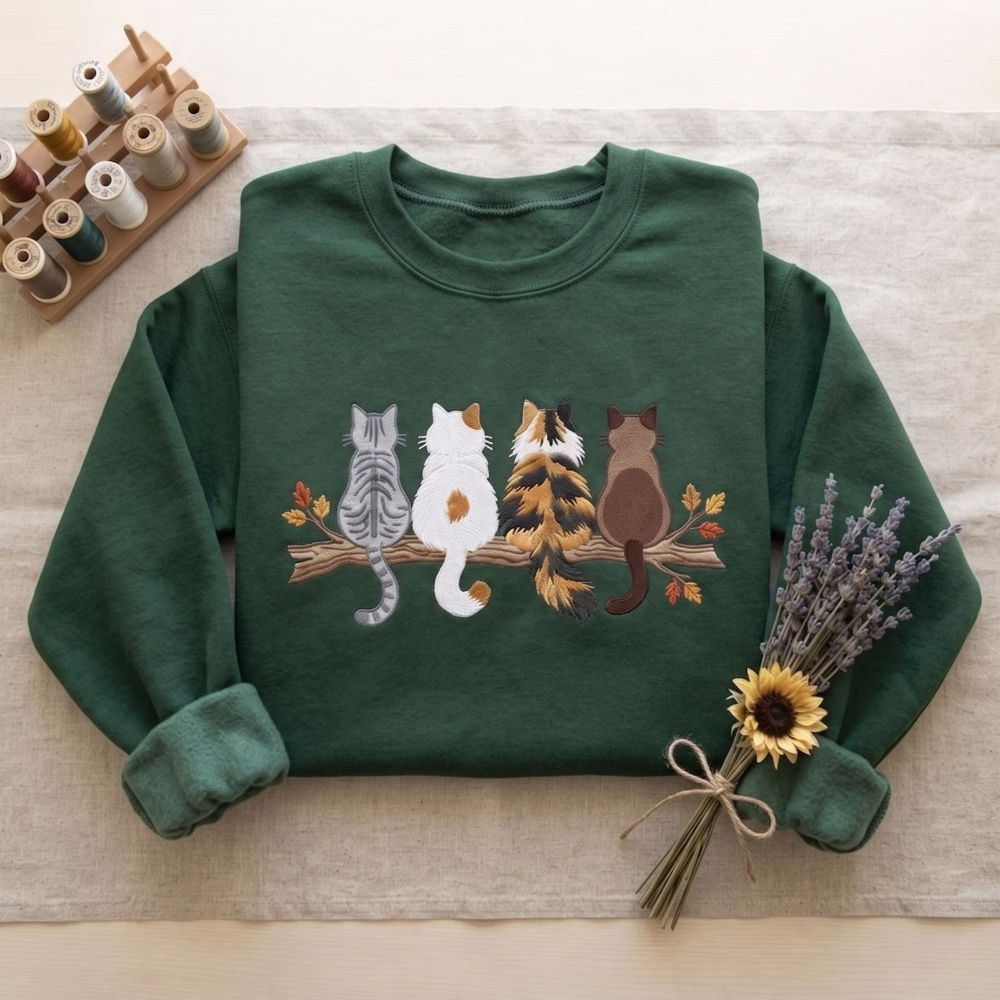 Four Cats Sitting On Branch Back View Tabby Calico Siamese Autumn Leaves embroidered sweatshirt — front view - image 4