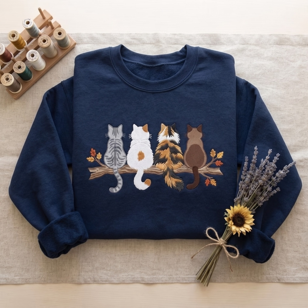 Four Cats Sitting On Branch Back View Tabby Calico Siamese Autumn Leaves embroidered sweatshirt — front view - image 6