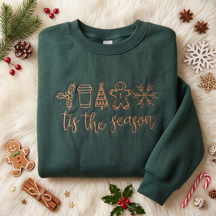 Tis The Season Christmas Icons Holly Coffee Cup Tree Gingerbread Snowflake Embroidered Sweatshirt