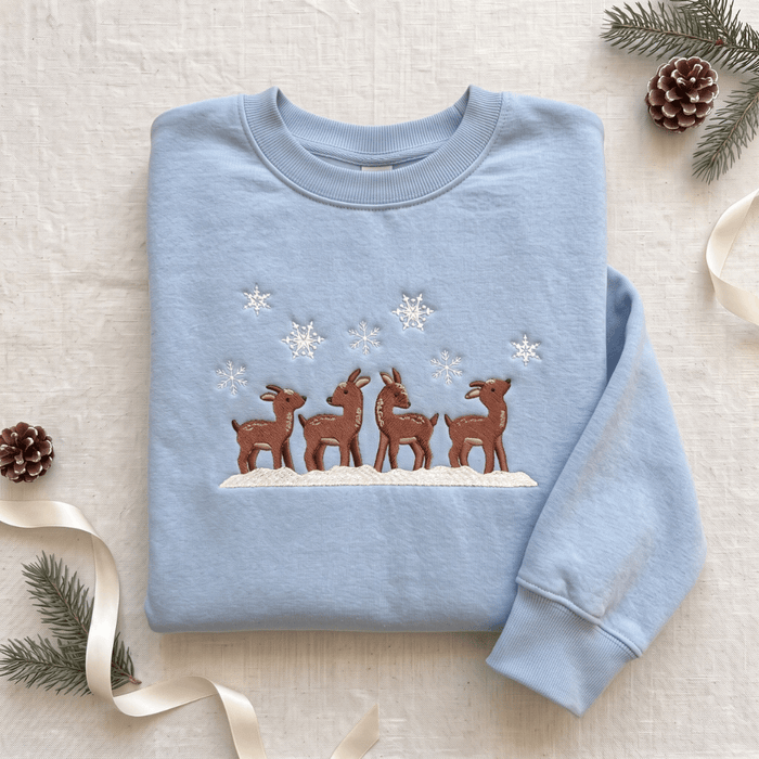 Baby Deer Fawns Snowflakes Snowy Winter Embroidered Sweatshirt