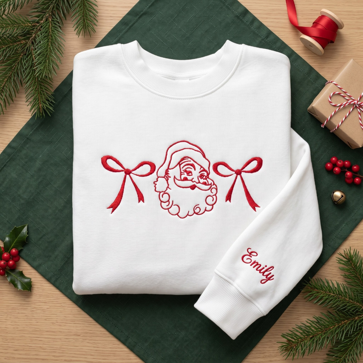 Personalized Vintage Santa and Christmas Bows embroidered sweatshirt — front view