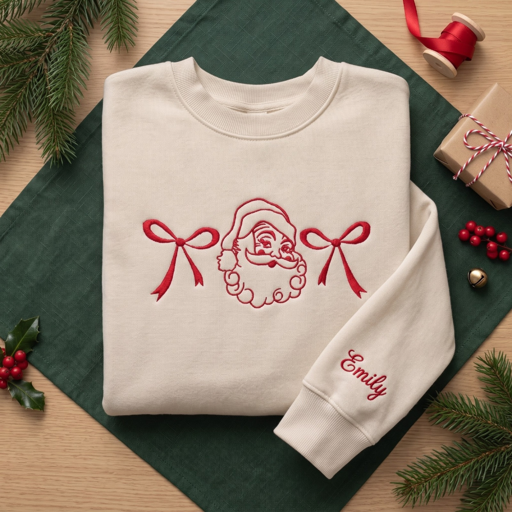 Personalized Vintage Santa and Christmas Bows embroidered sweatshirt — front view