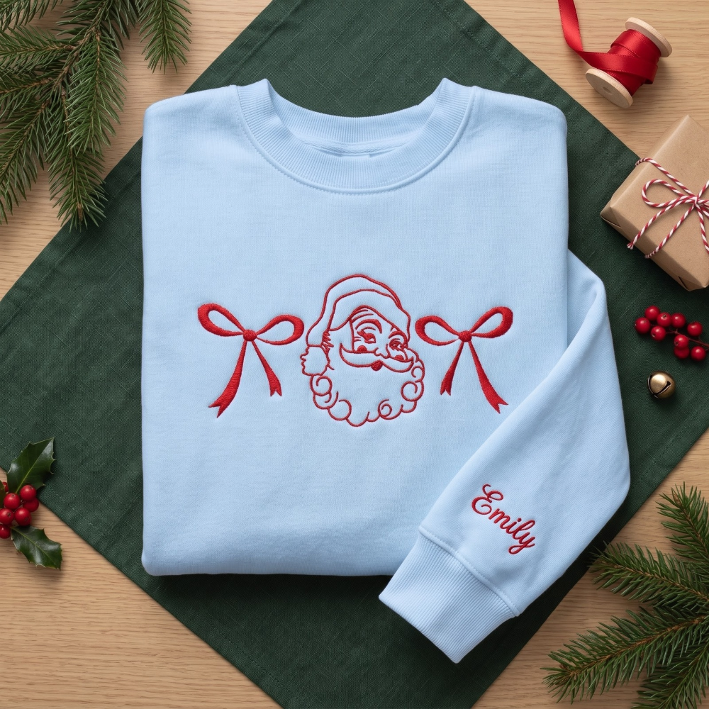 Personalized Vintage Santa and Christmas Bows embroidered sweatshirt — front view